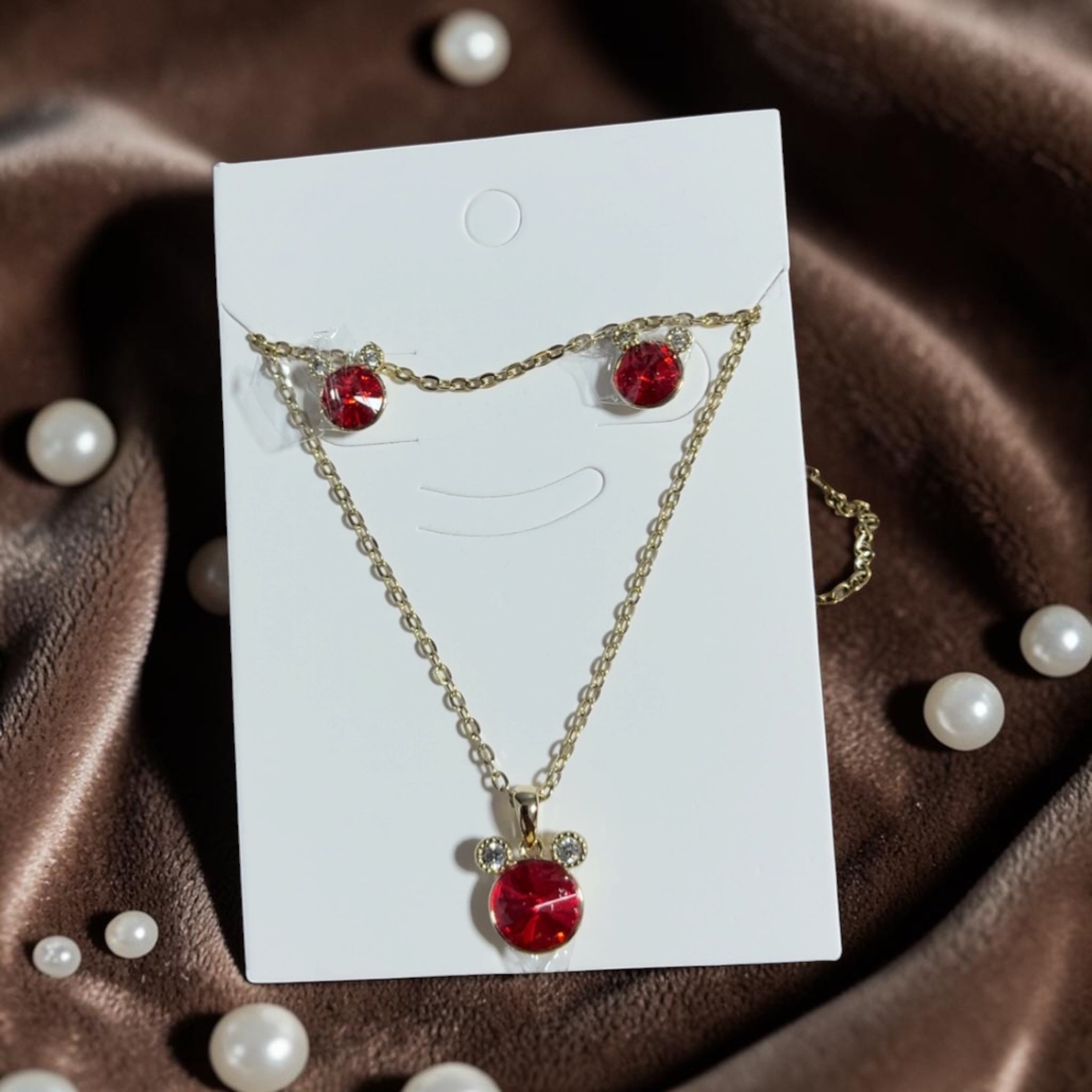 Set Mouse Love - Collar y Aretes Cristal Rojo de niña -Oro laminado✨