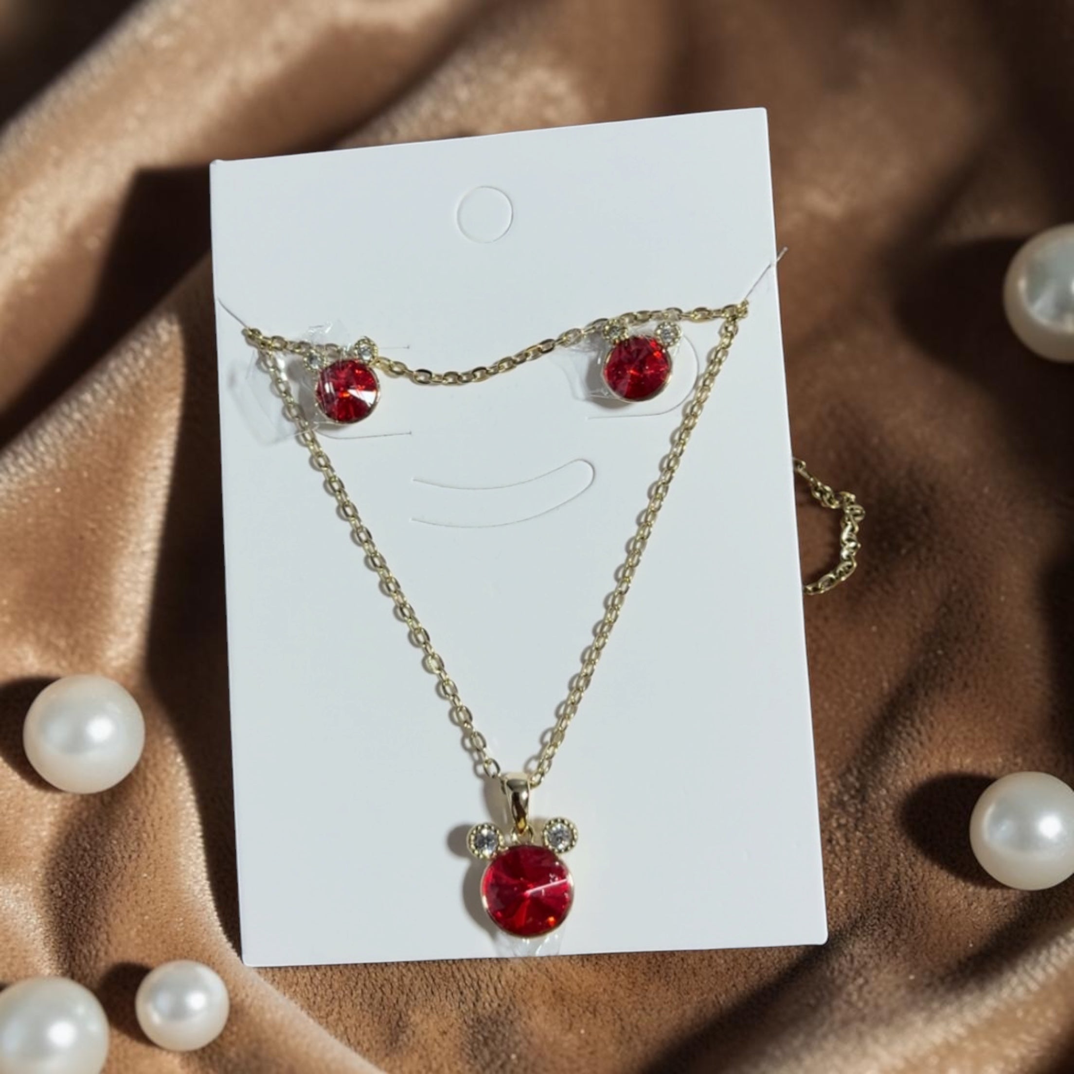 Set Mouse Love - Collar y Aretes Cristal Rojo de niña -Oro laminado✨