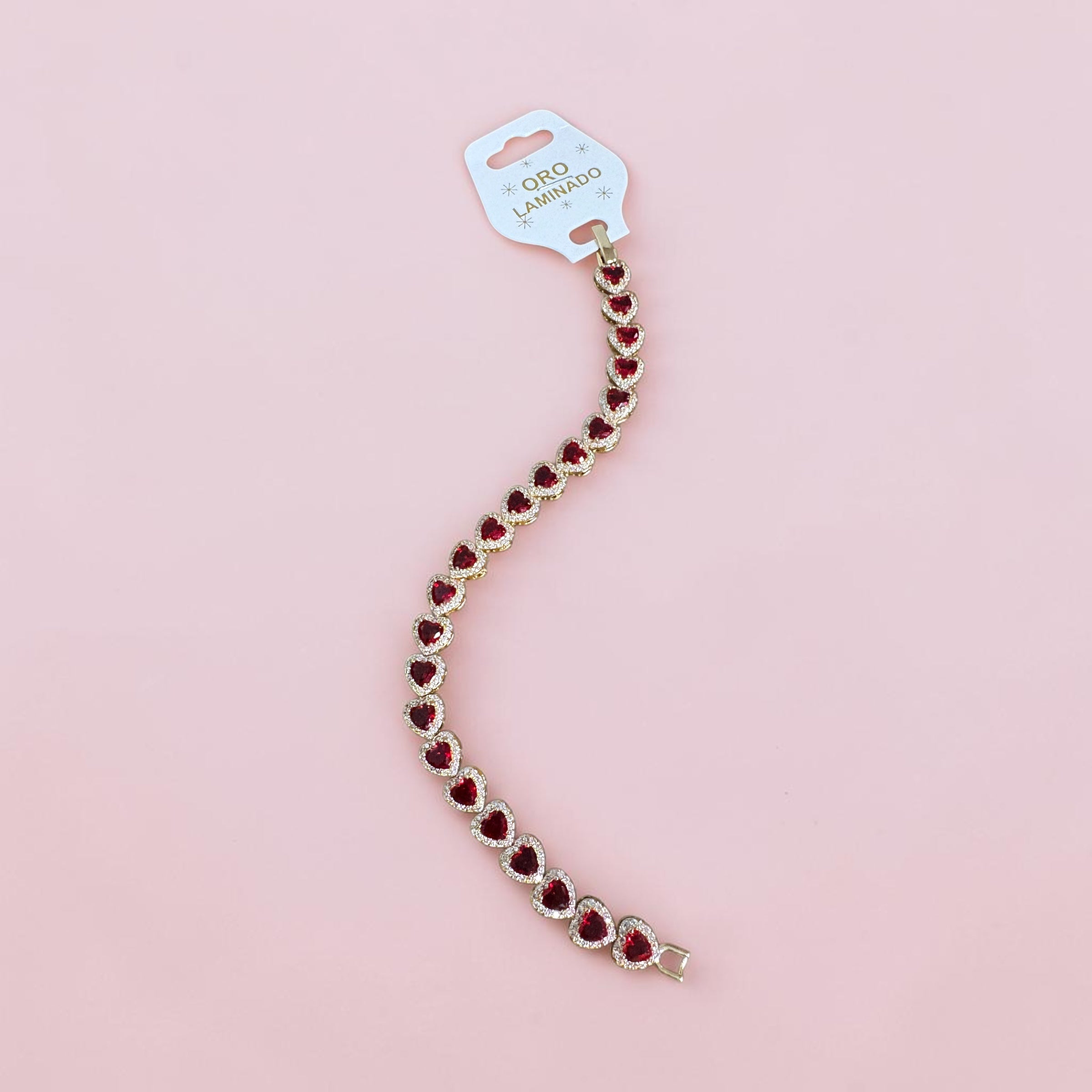 Manilla Tenis Corazones Rubí - Oro Laminado✨